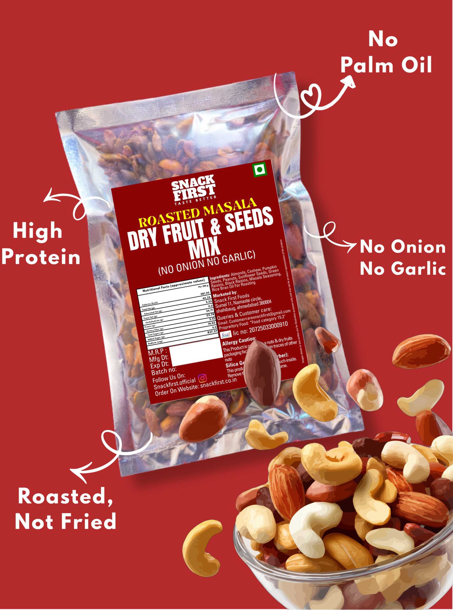 premium roasted dry fruit & seed mix | masala flavoured | no onion no garlic | high protein | no palm oil premium roasted dry fruit & seed mix | masala flavoured | no onion no garlic | high protein | no palm oil