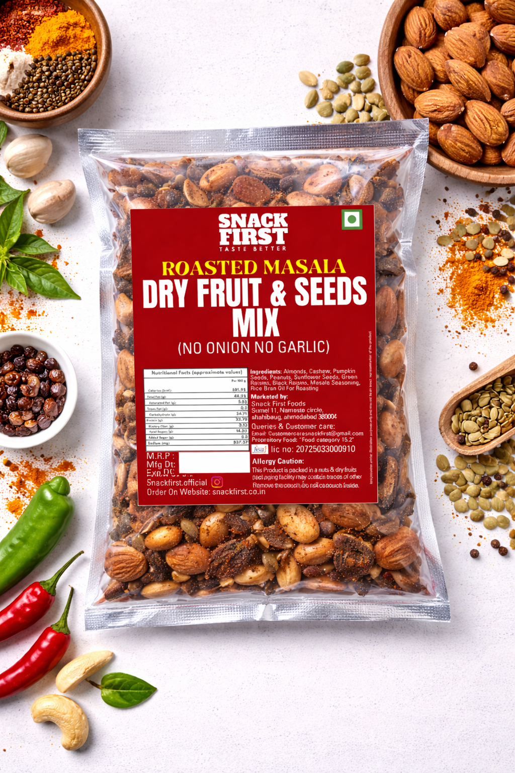 premium roasted dry fruit & seed mix | masala flavoured | no onion no garlic | high protein | no palm oil premium roasted dry fruit & seed mix | masala flavoured | no onion no garlic | high protein | no palm oil